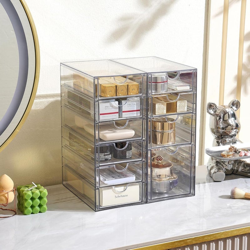 Prsildan Acrylic Drawer Makeup Organizer with 10 Drawers, Set of 2 Office Desk Organizers Accessories, Clear Stackable Storage Drawers for Vanity, Countertop, Craft, Jewelry, Art Supply Organization - Image 2